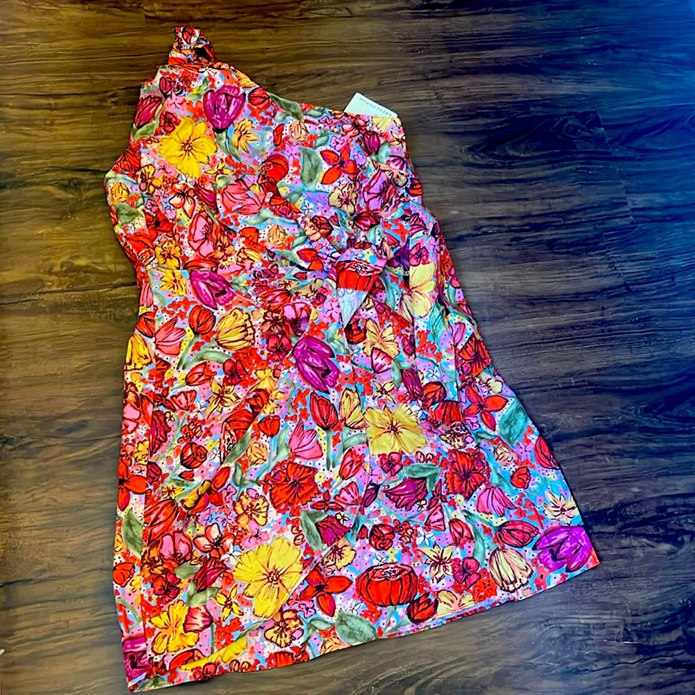 One shoulder Tie Floral Dress, L
